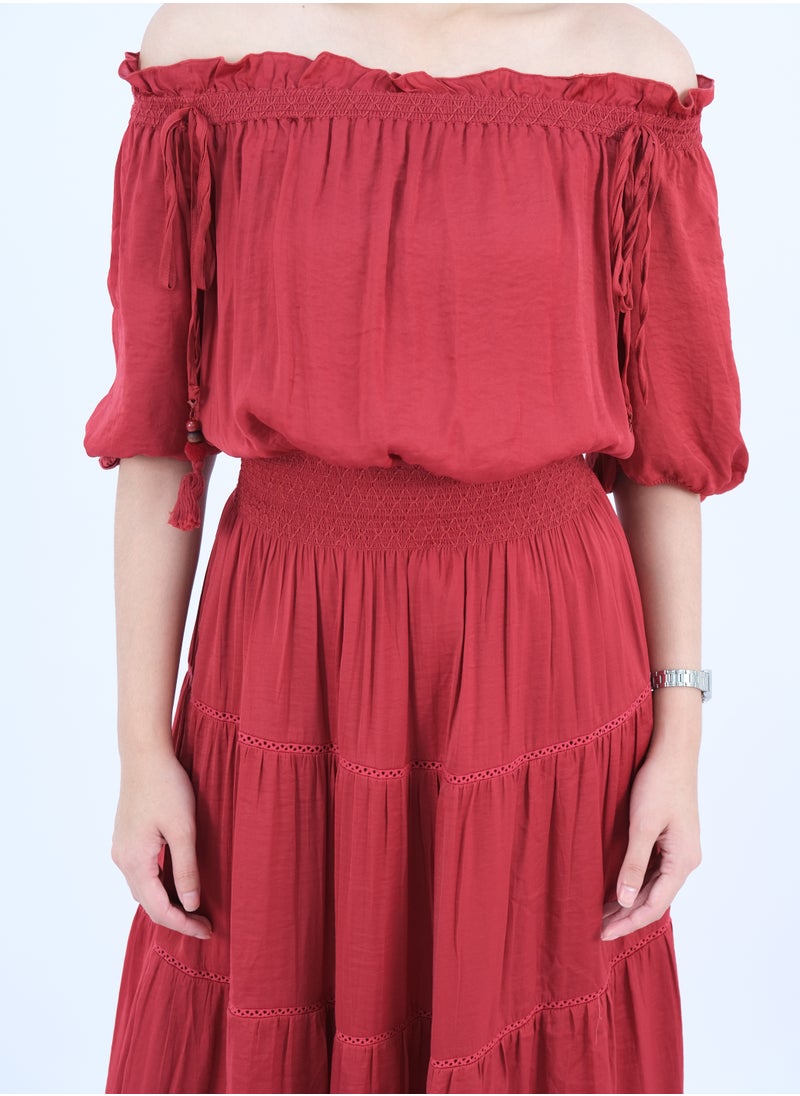 ONLY - Women’s Pleated Off Shoulder Neck Dress in Rio Red - Image 1