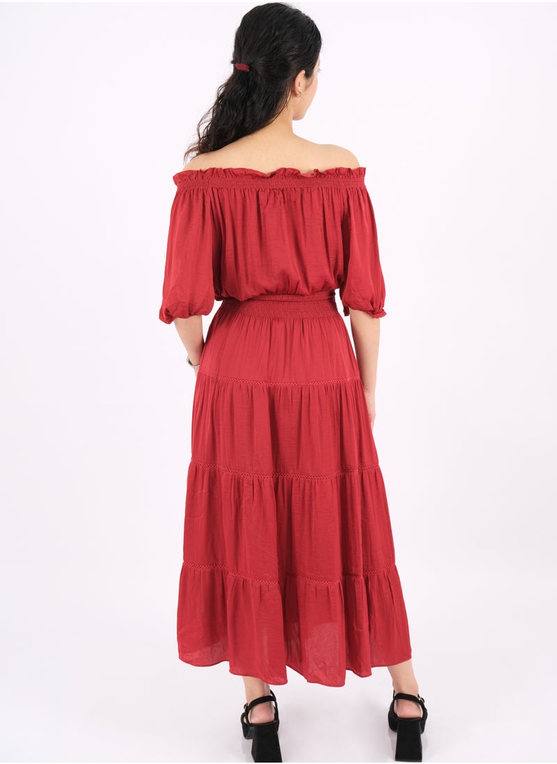 ONLY - Women’s Pleated Off Shoulder Neck Dress in Rio Red - Image 1