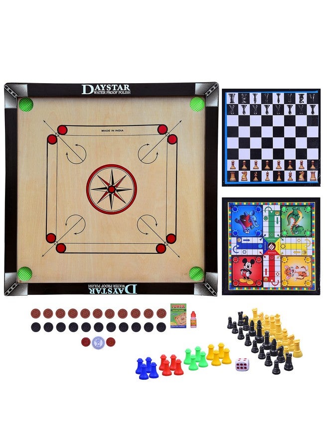 DAYSTAR Wooden Superior Glossy Finish 26 cm Carrom Board with Ludo Chess Board ,Ludo Chess Coin, Dice, Striker,Boric Powder - Image 1