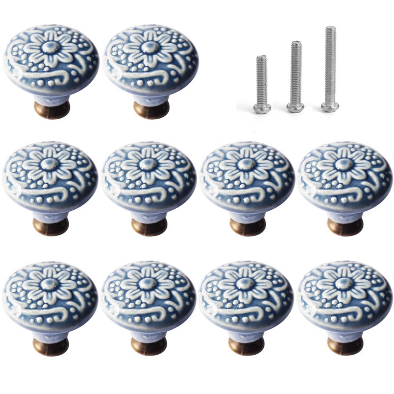 Perphin 125 inch Ceramic Kitchen Cabinet Knobs for Drawer Dresser Pulls Round Dresser Drawer Handles and Pulls for Home Furniture Decor Ceramic Handles with 3 Size Screws 10 Blue