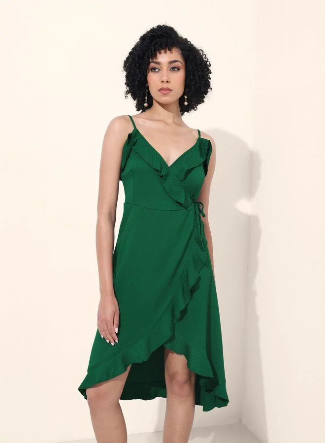 Women Fit and Flared Textured Tie-up Neck Sleeveless Wrap Dress