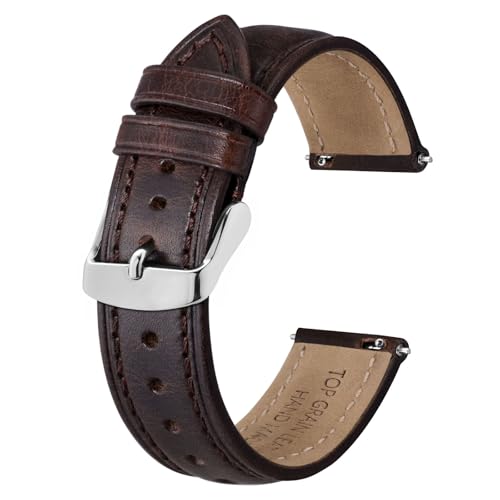 BISONSTRAP Retro Leather Watch Straps for Men, Oil Waxed Calfskin Replacement Band, Quick Release, 19mm, Coffee Brown (Silver Buckle) - Image 1