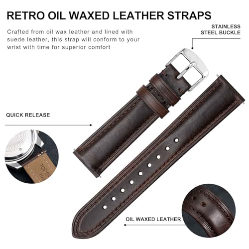 BISONSTRAP Retro Leather Watch Straps for Men, Oil Waxed Calfskin Replacement Band, Quick Release, 19mm, Coffee Brown (Silver Buckle) - Image 4