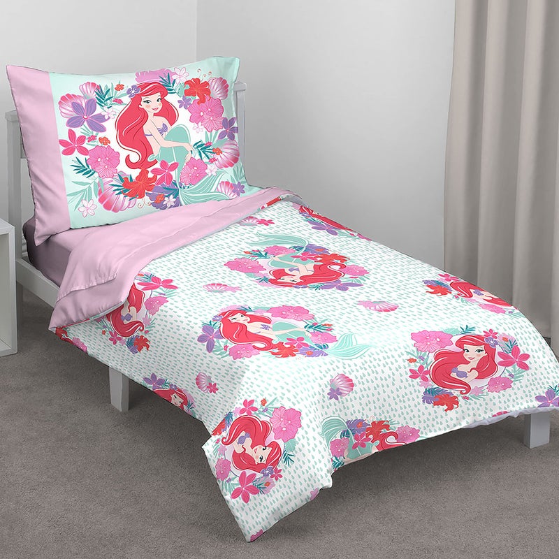 Disney Ariel Sea Garden 4 Piece Toddler Bed Set Comforter Fitted Sheet Flat Top Sheet Reversible Standard Size Pillowcase Pink and Aqua - Image 2