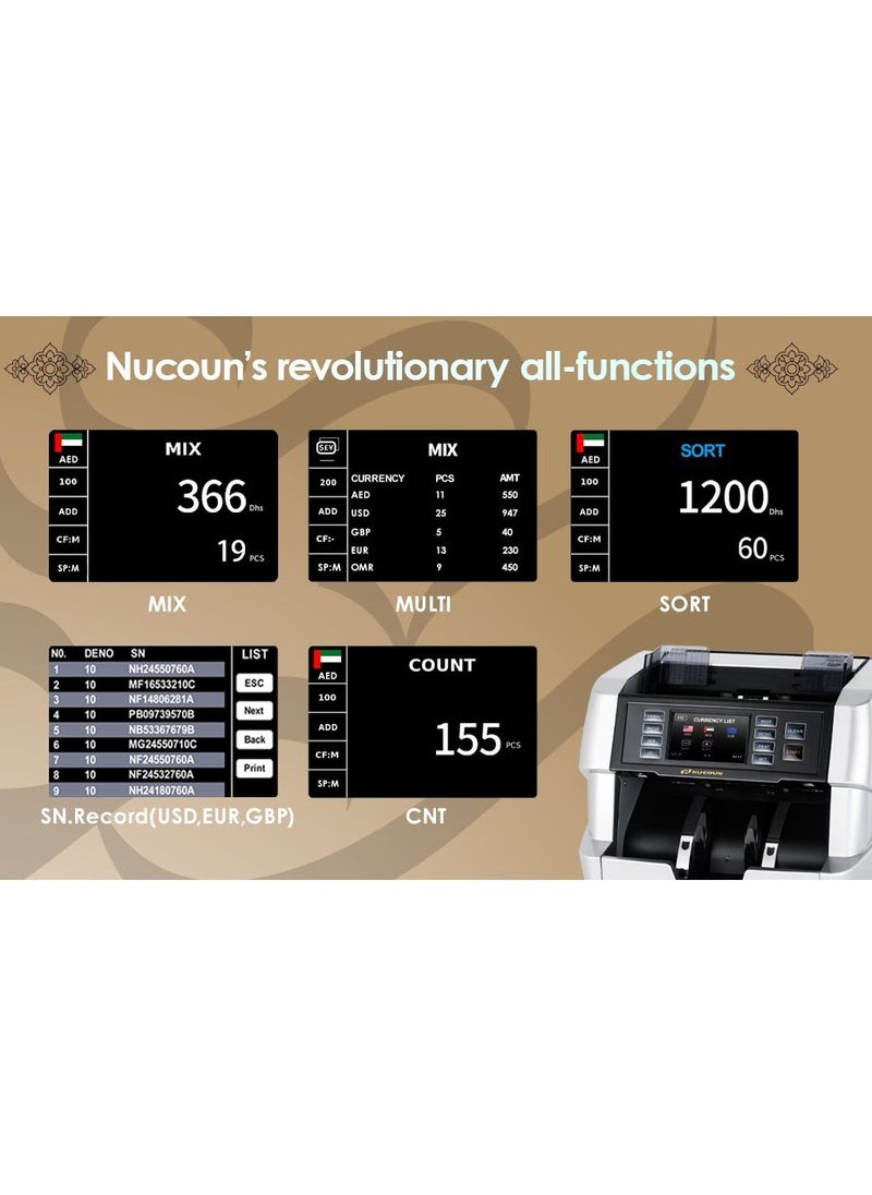 NUCOUN - NUCOUN VC-7 Bank Grade Money Counter Machine Multi Currency Mixed Denomination Cash Counter Value Counter, Serial Number Reading, 2CIS/UV/IR/MG/MT Counterfeit Detection - Image 1