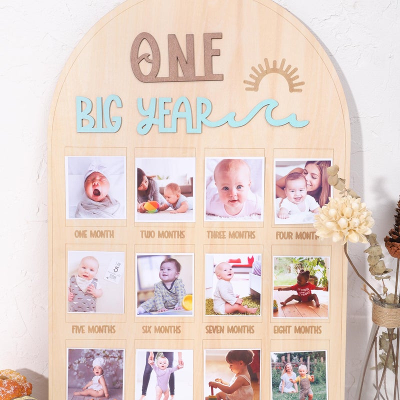 Agkvw The Big One surf One Year Old Photo Board My First Year Photo Display Wood Board Wave Theme Monthly Milestone Photo Board the Big One 1st Birthday Decoration 12 Months Photo Frame