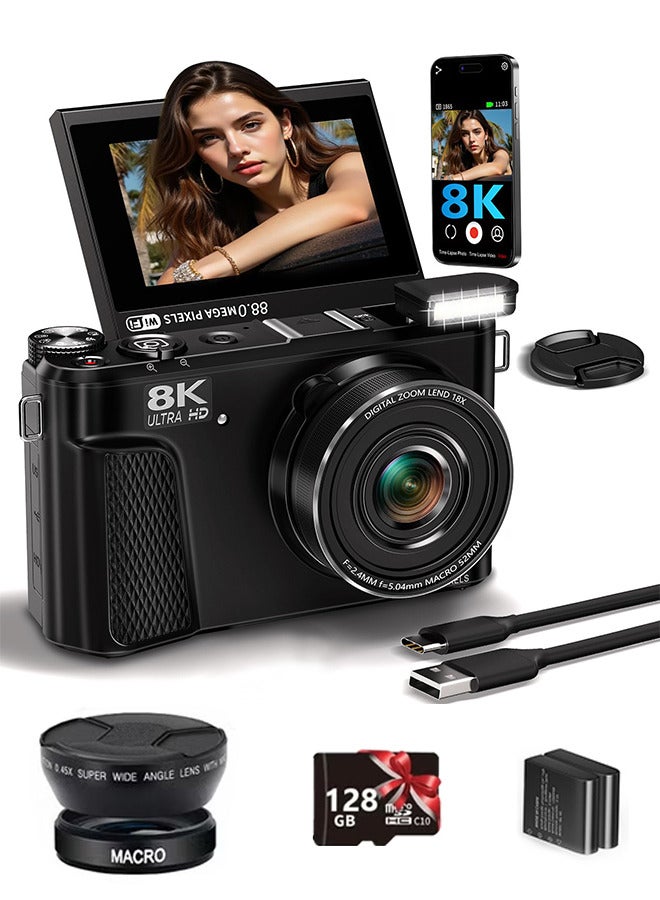 Generic Digital Camera 8K 88MP 18x Zoom Autofocus, Wide Angle & Macro Lens, 128GB Card, 2 Batteries, 3 Inch Flip Screen WiFi Travel Camera with Multiple Filters & Fill Light - Image 1