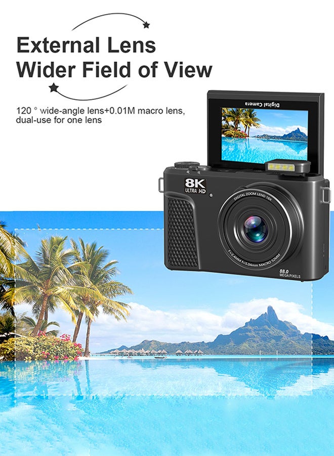 Generic Digital Camera 8K 88MP 18x Zoom Autofocus, Wide Angle & Macro Lens, 128GB Card, 2 Batteries, 3 Inch Flip Screen WiFi Travel Camera with Multiple Filters & Fill Light - Image 2