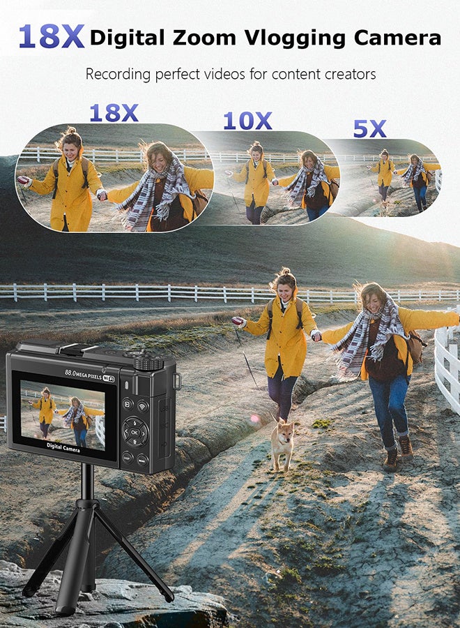 Generic Digital Camera 8K 88MP 18x Zoom Autofocus, Wide Angle & Macro Lens, 128GB Card, 2 Batteries, 3 Inch Flip Screen WiFi Travel Camera with Multiple Filters & Fill Light - Image 3