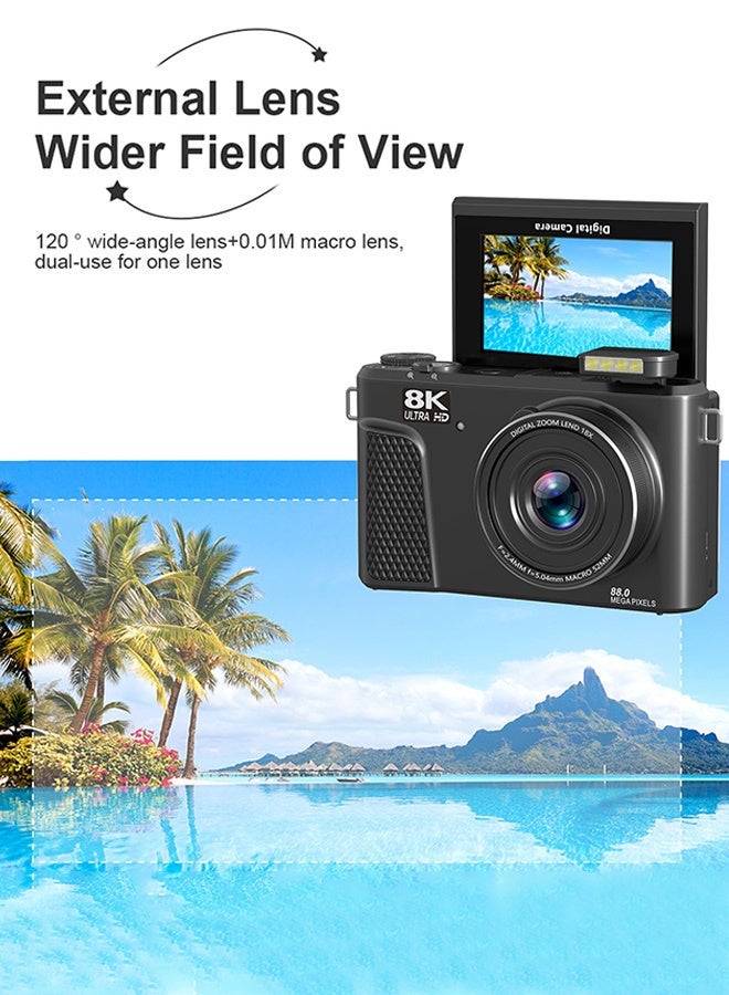 Generic Digital Camera 8K 88MP 18x Zoom Autofocus, Wide Angle & Macro Lens, 128GB Card, 2 Batteries, 3 Inch Flip Screen WiFi Travel Camera with Multiple Filters & Fill Light - Image 3
