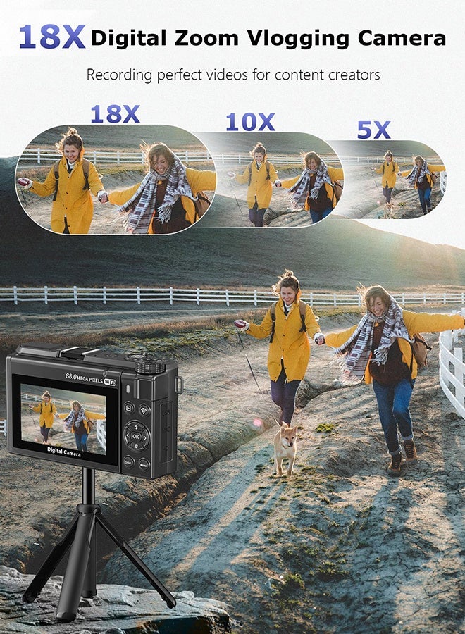 Generic Digital Camera 8K 88MP 18x Zoom Autofocus, Wide Angle & Macro Lens, 128GB Card, 2 Batteries, 3 Inch Flip Screen WiFi Travel Camera with Multiple Filters & Fill Light - Image 4