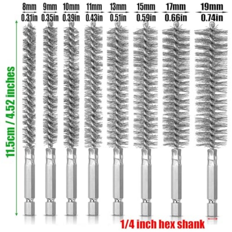 Joyzzz Wire Cleaning Brush, 8PCS Stainless Steel Twisted Bore Brushes with 1/4 Inch Hex Shank, for Power Drill and Impact Driver, Cleaning Tubes, Pipes, Bearings and Mechanical Parts - Image 5