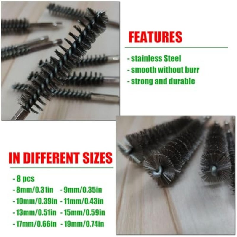 Joyzzz Wire Cleaning Brush, 8PCS Stainless Steel Twisted Bore Brushes with 1/4 Inch Hex Shank, for Power Drill and Impact Driver, Cleaning Tubes, Pipes, Bearings and Mechanical Parts - Image 4