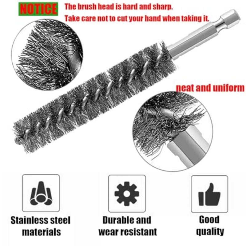 Joyzzz Wire Cleaning Brush, 8PCS Stainless Steel Twisted Bore Brushes with 1/4 Inch Hex Shank, for Power Drill and Impact Driver, Cleaning Tubes, Pipes, Bearings and Mechanical Parts - Image 2