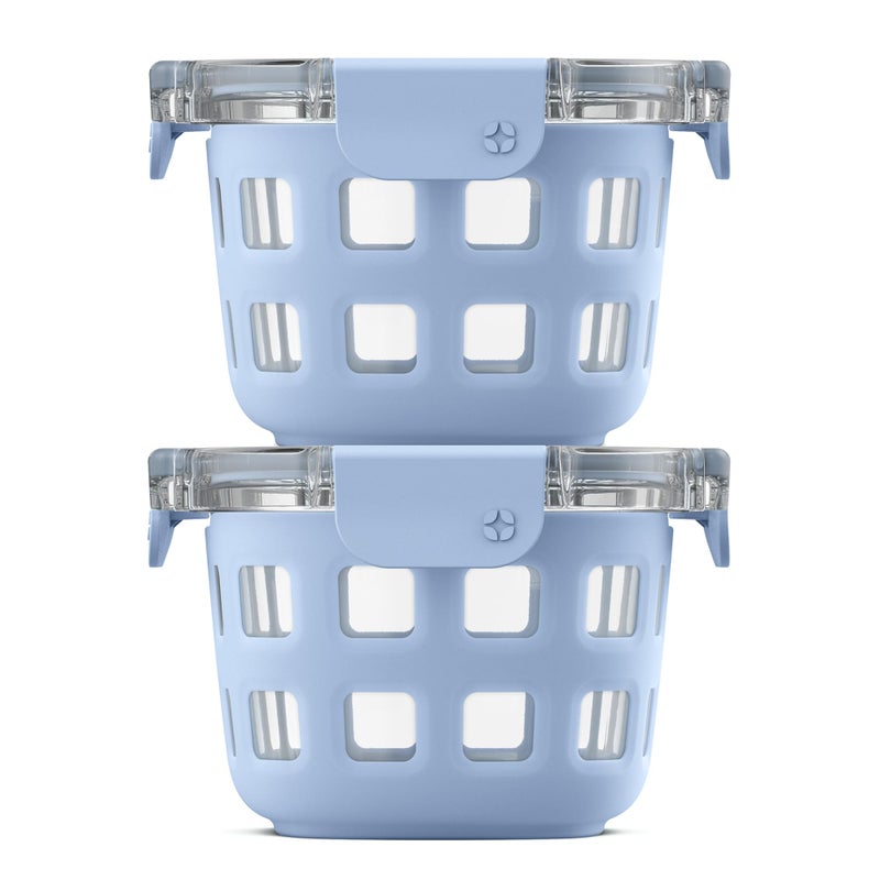 Ello Duraglass 2-Pack 2 Cup Reusable Glass Container Jar with Leak Proof Lids and Protective Silicone Sleeves | Perfect for Overnight Oats, Snacks, Yogurt | BPA-Free | Dishwasher Safe | Halogen Blue - Image 1
