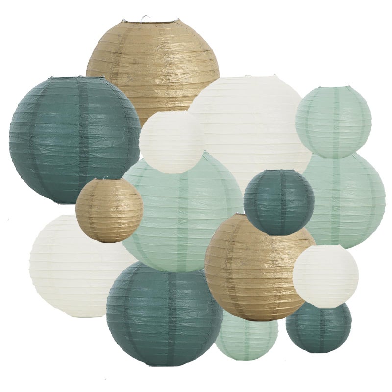 BEISHIDA 16 Pcs Sage Green Gold Paper Lanterns,Hanging Decorative Chinese Japanese Round Paper Lantern Lamp for Birthday Wedding Baby Bride Shower Home Party Decoration - Image 1