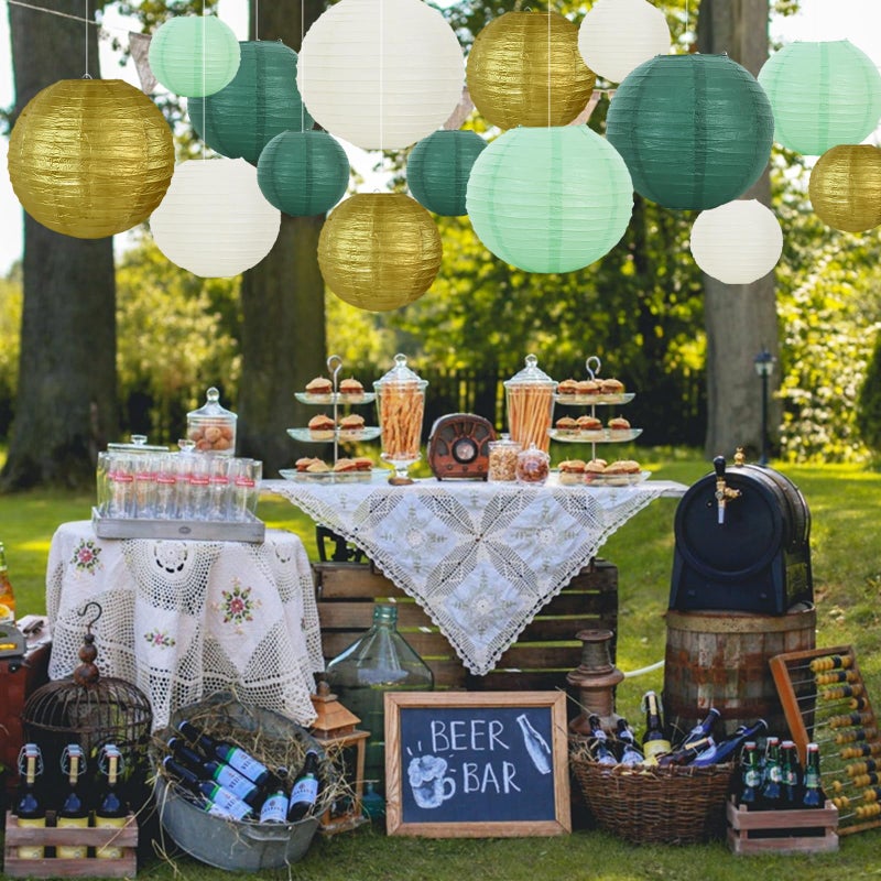 BEISHIDA 16 Pcs Sage Green Gold Paper Lanterns,Hanging Decorative Chinese Japanese Round Paper Lantern Lamp for Birthday Wedding Baby Bride Shower Home Party Decoration - Image 4