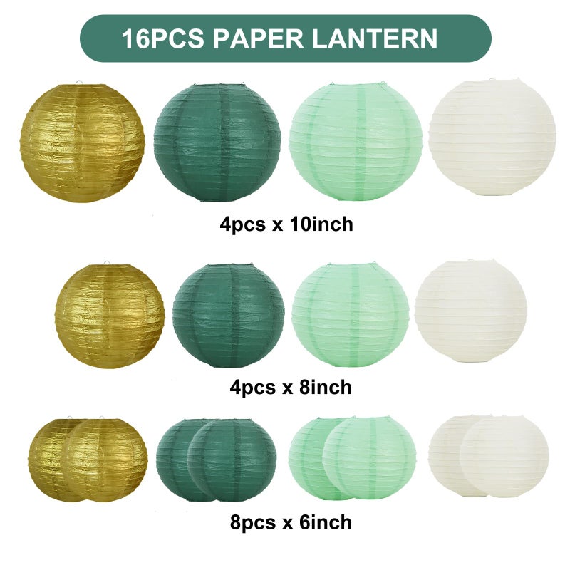 BEISHIDA 16 Pcs Sage Green Gold Paper Lanterns,Hanging Decorative Chinese Japanese Round Paper Lantern Lamp for Birthday Wedding Baby Bride Shower Home Party Decoration - Image 2
