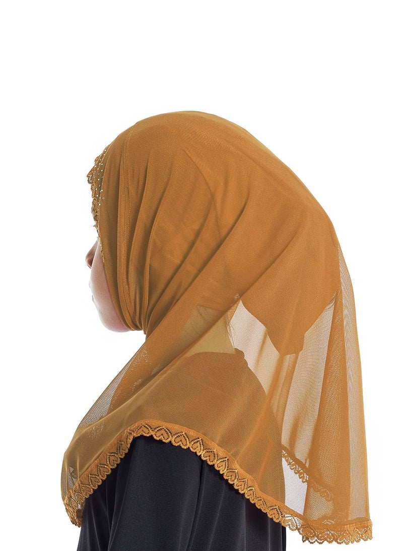 إسكدنيا Girl's Stretch Long Scarf Solid Color Lace Hijab Camel  - Image 2