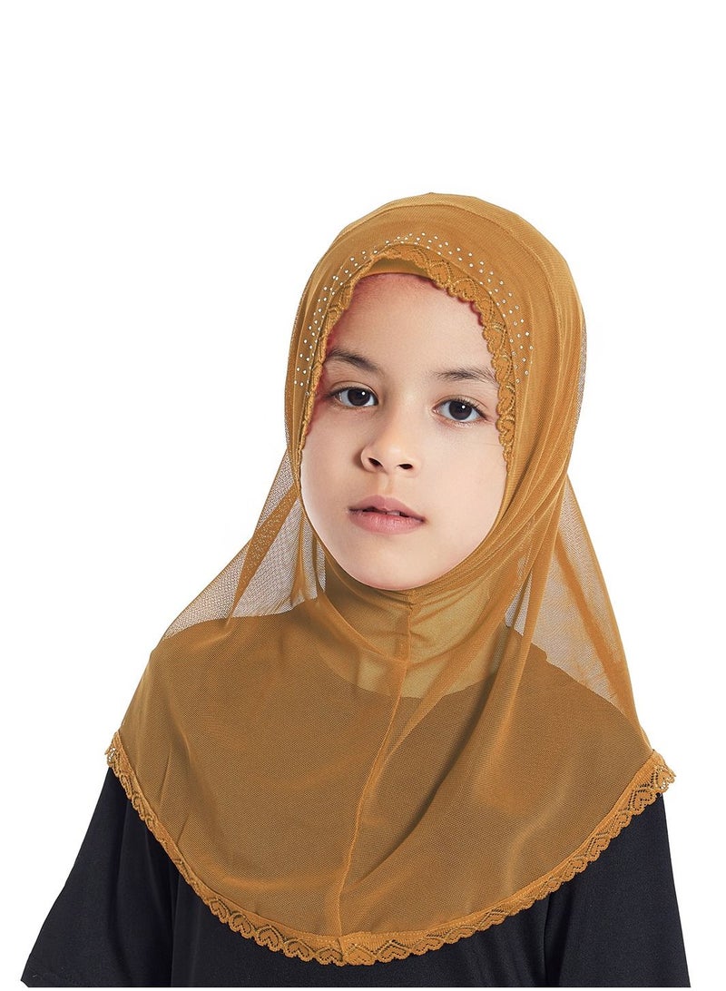 إسكدنيا Girl's Stretch Long Scarf Solid Color Lace Hijab Camel  - Image 1