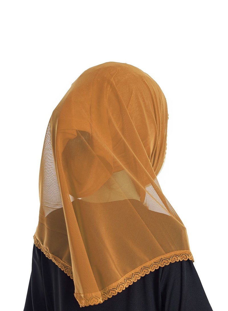 إسكدنيا Girl's Stretch Long Scarf Solid Color Lace Hijab Camel  - Image 3