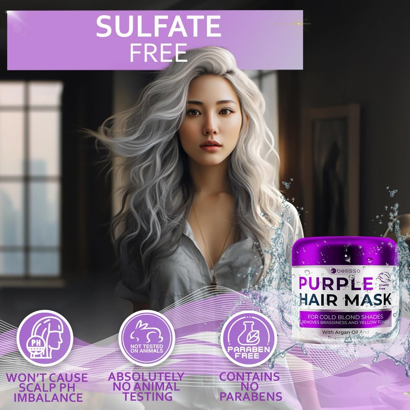 BELLISSO Purple Hair Mask - Deep Conditioner and Toner for Blonde, Brassy Hair - Hydrating Repair and After Bleach Treatment for Damaged and Dry Hair - Moisture Conditioning for Bleached Women and Men - Image 5
