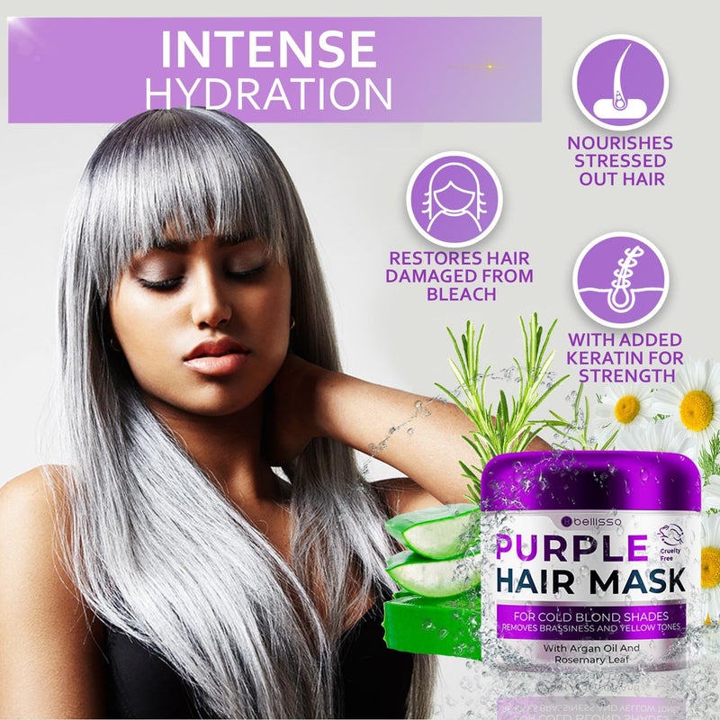 BELLISSO Purple Hair Mask - Deep Conditioner and Toner for Blonde, Brassy Hair - Hydrating Repair and After Bleach Treatment for Damaged and Dry Hair - Moisture Conditioning for Bleached Women and Men - Image 4