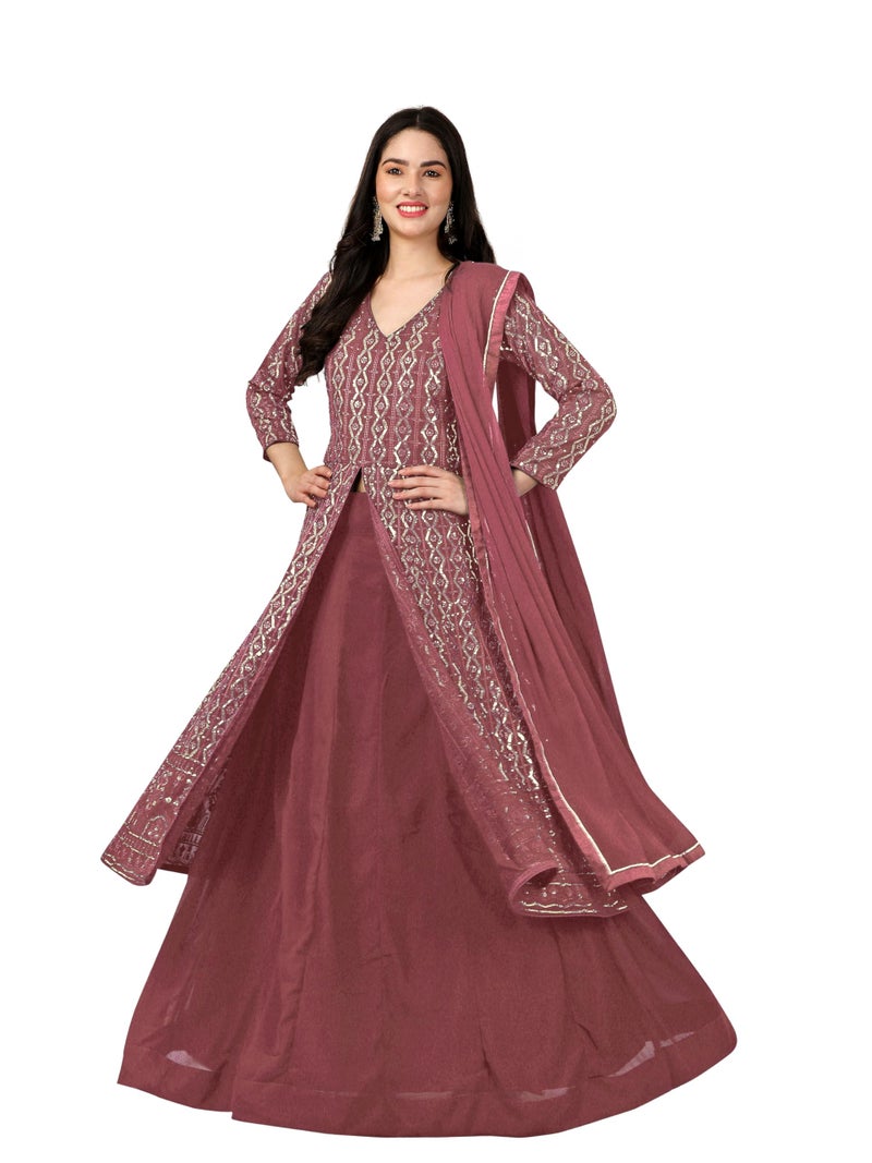TRENDMALLS Women's Georgette Embroidery Salwar Suit Set Kurta Lehenga with Dupatta (G114-DarkPeach-S) - Image 1