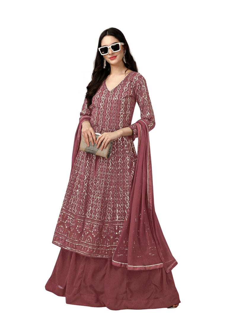 TRENDMALLS Women's Georgette Embroidery Salwar Suit Set Kurta Lehenga with Dupatta (G114-DarkPeach-S) - Image 3