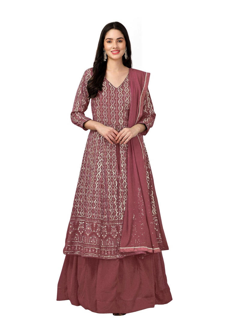 TRENDMALLS Women's Georgette Embroidery Salwar Suit Set Kurta Lehenga with Dupatta (G114-DarkPeach-S) - Image 4