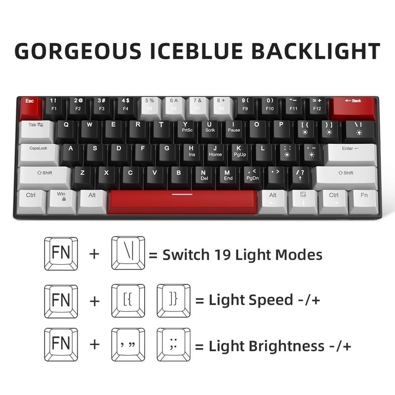 Camiysn 60% Mechanical Gaming Keyboard,Mixed Color Keycaps Gaming Keyboard with Linear Red Switches, Detachable Type-C Cable Mini Keyboard with Blue LED Light for PC/Laptop - Image 5