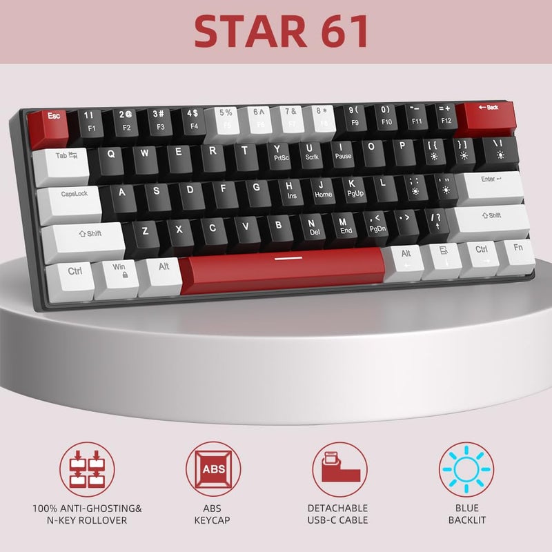 Camiysn 60% Mechanical Gaming Keyboard,Mixed Color Keycaps Gaming Keyboard with Linear Red Switches, Detachable Type-C Cable Mini Keyboard with Blue LED Light for PC/Laptop - Image 2