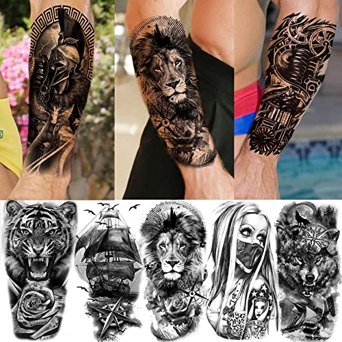 Bilizar 63 Sheets Tribal Wolf Lion Tiger Temporary Tattoos For Men Women Adults, Scary Halloween Skull Gangster Fake Tattoo Stickers Kids, Small 3D Realistic Tattoos Thigh Arm Neck Elephant Warrior - Image 3