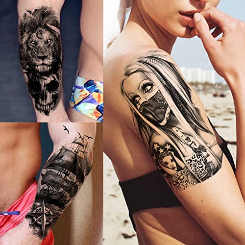 Bilizar 63 Sheets Tribal Wolf Lion Tiger Temporary Tattoos For Men Women Adults, Scary Halloween Skull Gangster Fake Tattoo Stickers Kids, Small 3D Realistic Tattoos Thigh Arm Neck Elephant Warrior - Image 2