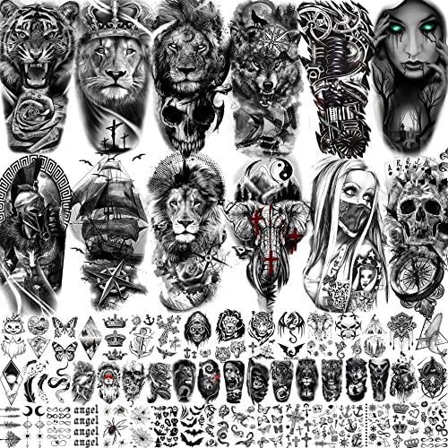 Bilizar 63 Sheets Tribal Wolf Lion Tiger Temporary Tattoos For Men Women Adults, Scary Halloween Skull Gangster Fake Tattoo Stickers Kids, Small 3D Realistic Tattoos Thigh Arm Neck Elephant Warrior - Image 1