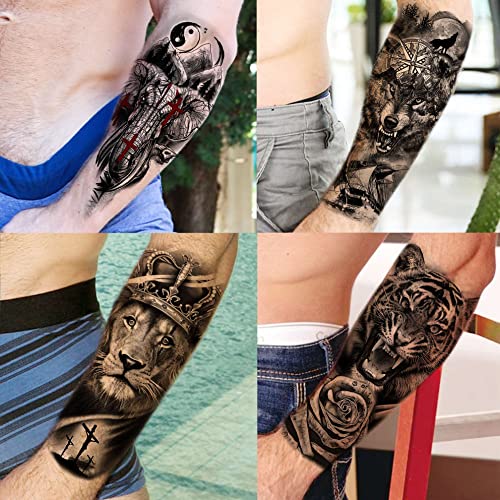 Bilizar 63 Sheets Tribal Wolf Lion Tiger Temporary Tattoos For Men Women Adults, Scary Halloween Skull Gangster Fake Tattoo Stickers Kids, Small 3D Realistic Tattoos Thigh Arm Neck Elephant Warrior - Image 4