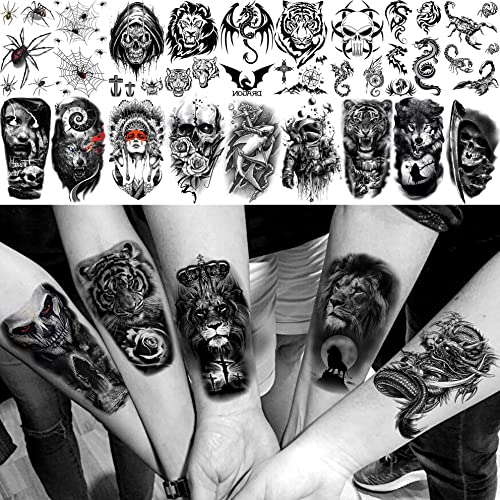 Bilizar 63 Sheets Tribal Wolf Lion Tiger Temporary Tattoos For Men Women Adults, Scary Halloween Skull Gangster Fake Tattoo Stickers Kids, Small 3D Realistic Tattoos Thigh Arm Neck Elephant Warrior - Image 5