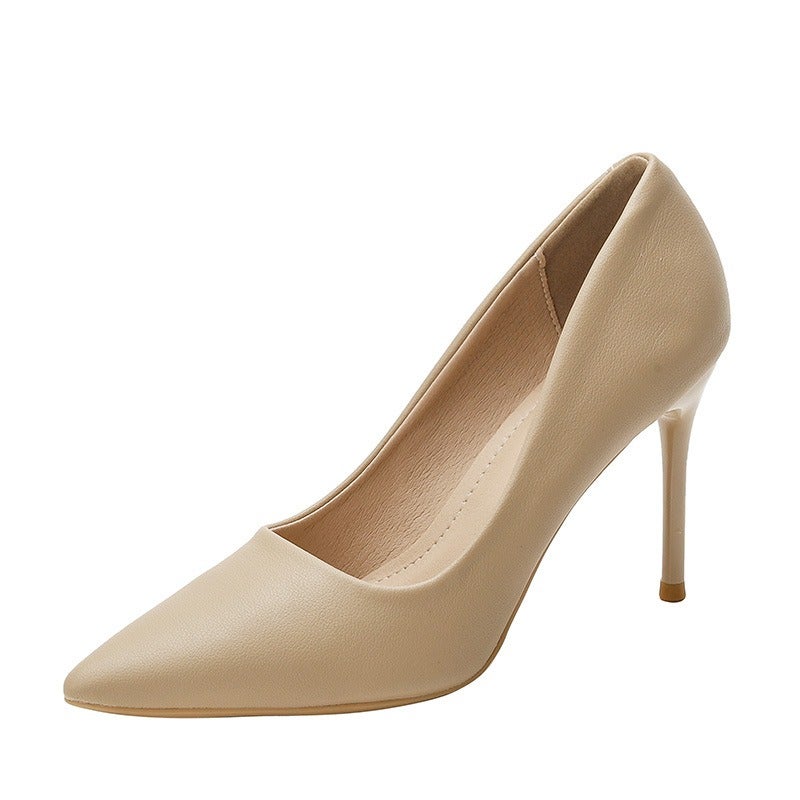 555-8 Nude High Heels for Women, French Style Soft Leather Pointed Toe Office Shoes