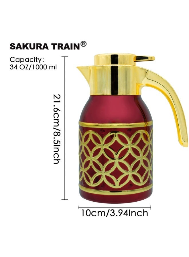 Sakura Train 1000ML Purely Hand-Painted Golden Luxury Thermal Coffee Carafe Insulated Stainless Steel Vacuum Coffee Carafe for Hot Liquids, Turkish Middle Eastern Style Stainless Steel Teapot Coffee Pot for Women, Men, Adults, Guests or For Tea Party - Best Gift Idea - Image 3