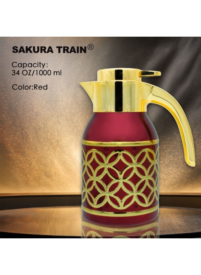 Sakura Train 1000ML Purely Hand-Painted Golden Luxury Thermal Coffee Carafe Insulated Stainless Steel Vacuum Coffee Carafe for Hot Liquids, Turkish Middle Eastern Style Stainless Steel Teapot Coffee Pot for Women, Men, Adults, Guests or For Tea Party - Best Gift Idea - Image 1
