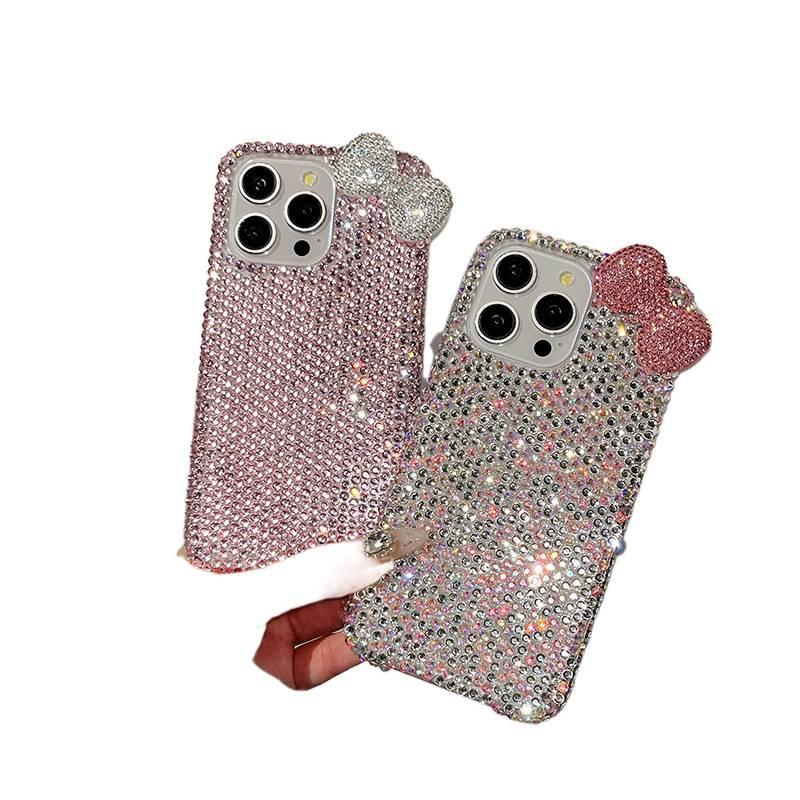 غطاء واقي بPC لـ iPhone 15 / 15 Plus / 15 Pro / 15 Pro Max مع تصميم فيونكة وأحجار الراين مع قبضة مضادة للانزلاق باللون وردي مضاد للانزلاق بتفاصيل مرصعة سهل التخزين للهدايا - Image 5