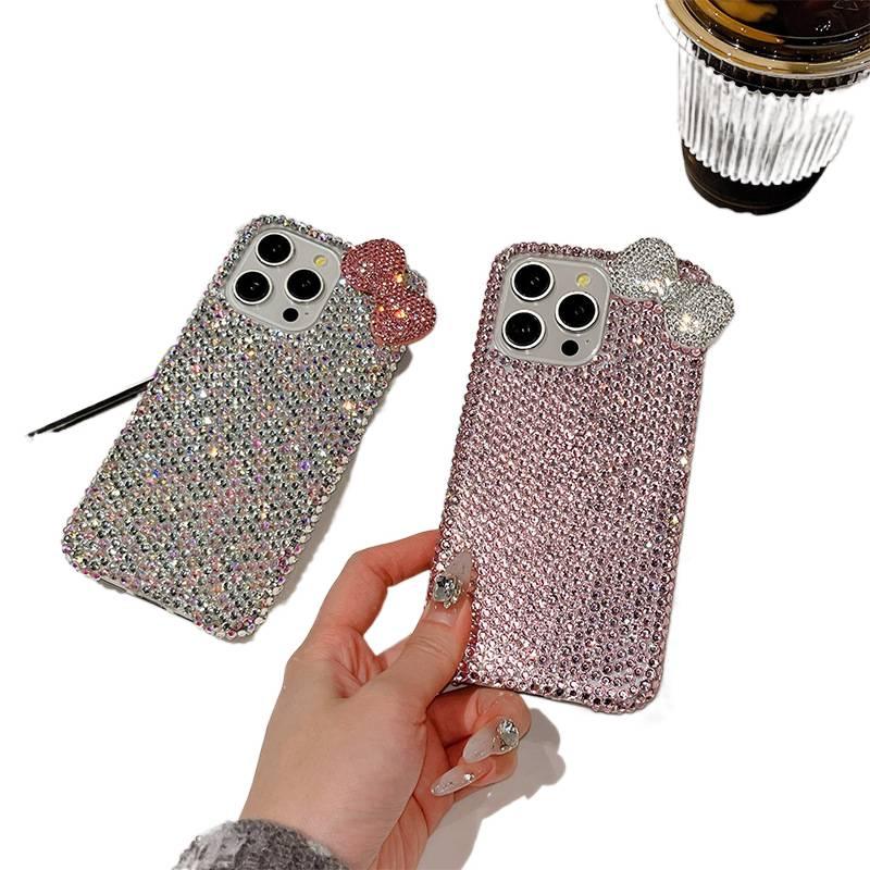 غطاء واقي بPC لـ iPhone 15 / 15 Plus / 15 Pro / 15 Pro Max مع تصميم فيونكة وأحجار الراين مع قبضة مضادة للانزلاق باللون وردي مضاد للانزلاق بتفاصيل مرصعة سهل التخزين للهدايا - Image 4
