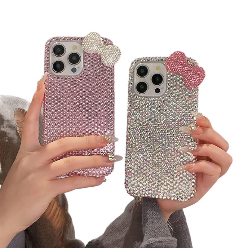 غطاء واقي بPC لـ iPhone 15 / 15 Plus / 15 Pro / 15 Pro Max مع تصميم فيونكة وأحجار الراين مع قبضة مضادة للانزلاق باللون وردي مضاد للانزلاق بتفاصيل مرصعة سهل التخزين للهدايا - Image 3