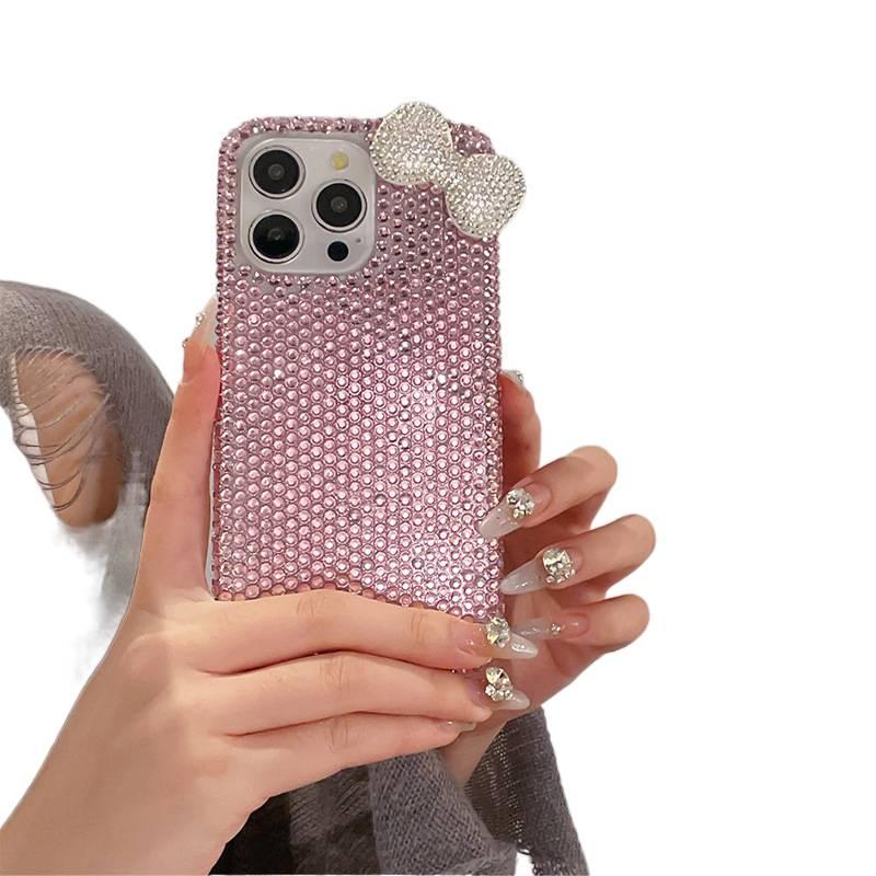غطاء واقي بPC لـ iPhone 15 / 15 Plus / 15 Pro / 15 Pro Max مع تصميم فيونكة وأحجار الراين مع قبضة مضادة للانزلاق باللون وردي مضاد للانزلاق بتفاصيل مرصعة سهل التخزين للهدايا - Image 1
