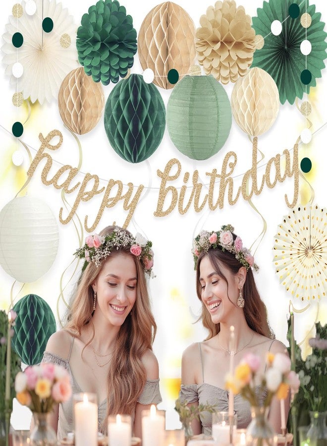 Aonor Sage Green Happy Birthday Decorations, Pre-Strung Happy Birthday Banner with Honeycomb Balls, Paper Flowers, Lanterns, Hanging Swirls, Circle Dots Garland for Birthdays Party Decorations 24pcs - Image 2