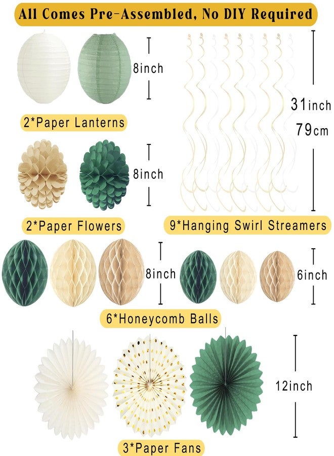 Aonor Sage Green Happy Birthday Decorations, Pre-Strung Happy Birthday Banner with Honeycomb Balls, Paper Flowers, Lanterns, Hanging Swirls, Circle Dots Garland for Birthdays Party Decorations 24pcs - Image 3