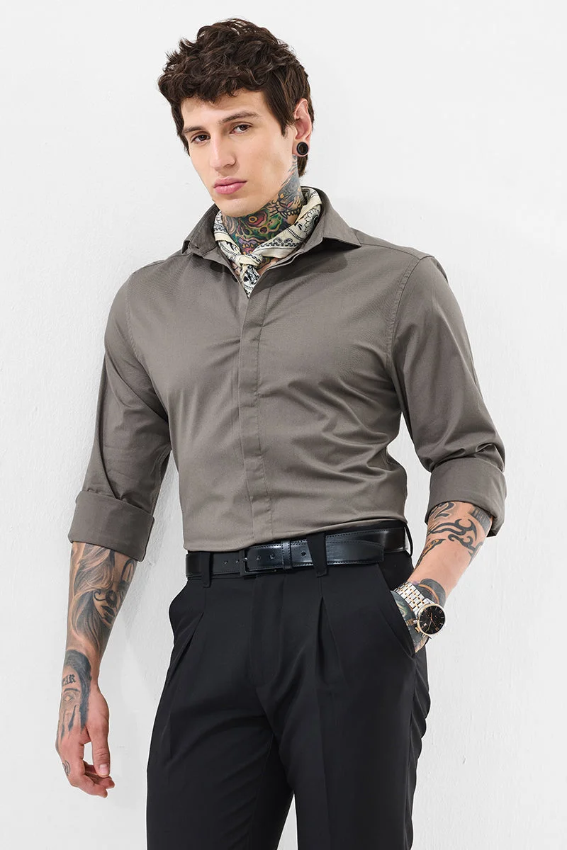 SNITCH Dark Grey Solid Long Sleeve Slim Fit Shirt