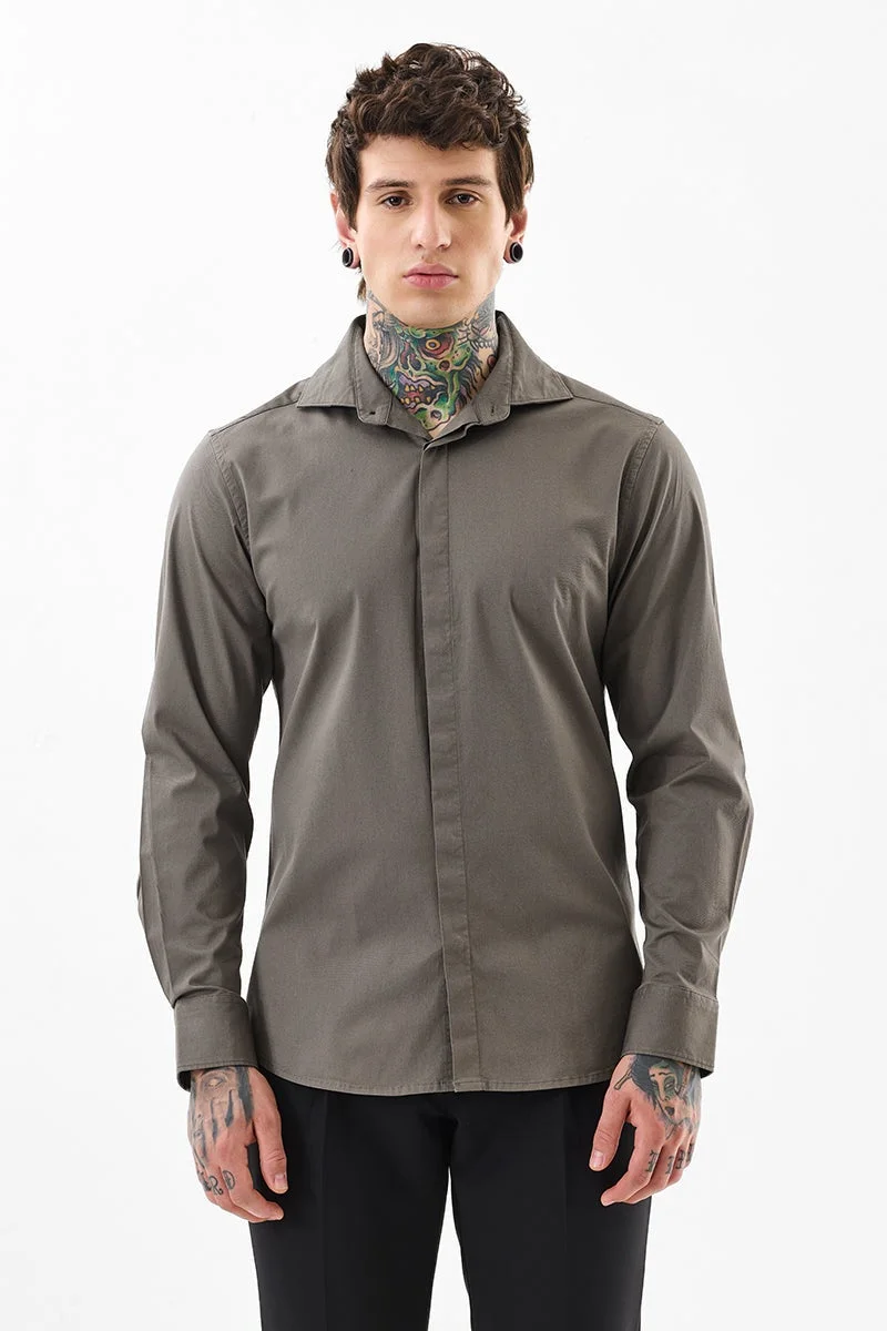SNITCH Dark Grey Solid Long Sleeve Slim Fit Shirt