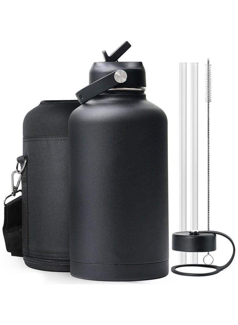 DANIM 64oz Large Insulated Water Bottle with Straw and Sleeve Stainless Steel Double Wall Sports Water Jug Leakproof Thermos Flask for Gym Travel Hiking Keeps Cold 48H Hot 24H Black - Image 1