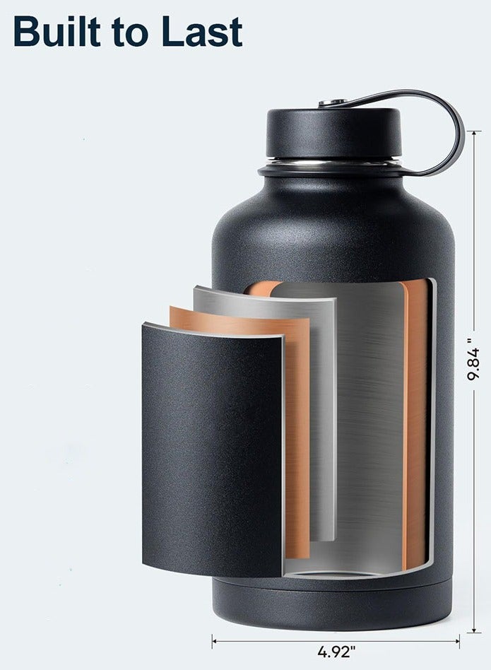 DANIM 64oz Large Insulated Water Bottle with Straw and Sleeve Stainless Steel Double Wall Sports Water Jug Leakproof Thermos Flask for Gym Travel Hiking Keeps Cold 48H Hot 24H Black - Image 3
